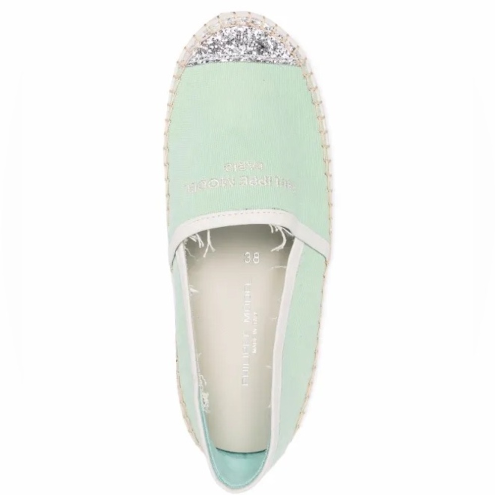 Philippe Model Marseille Low Canvas Glitter Detail Green Espadrille Flats